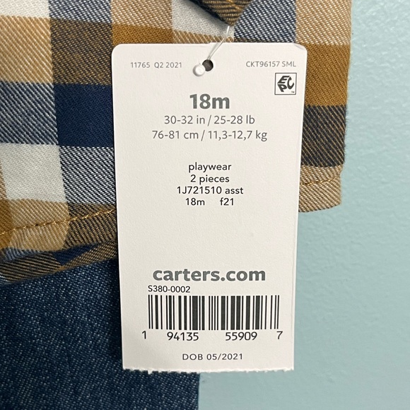 NWT Carter’s Boy 18 Month Tan/Navy Plaid Jeans 2-Piece Outfit - Picture 7 of 9